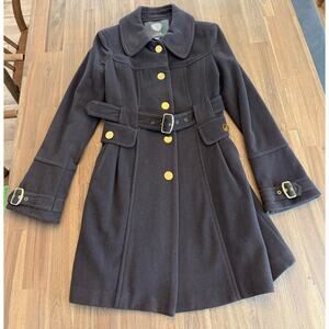 Vince Camuto Black Wool Cashmere Blend Belted Coat With Gold Buttons Medium